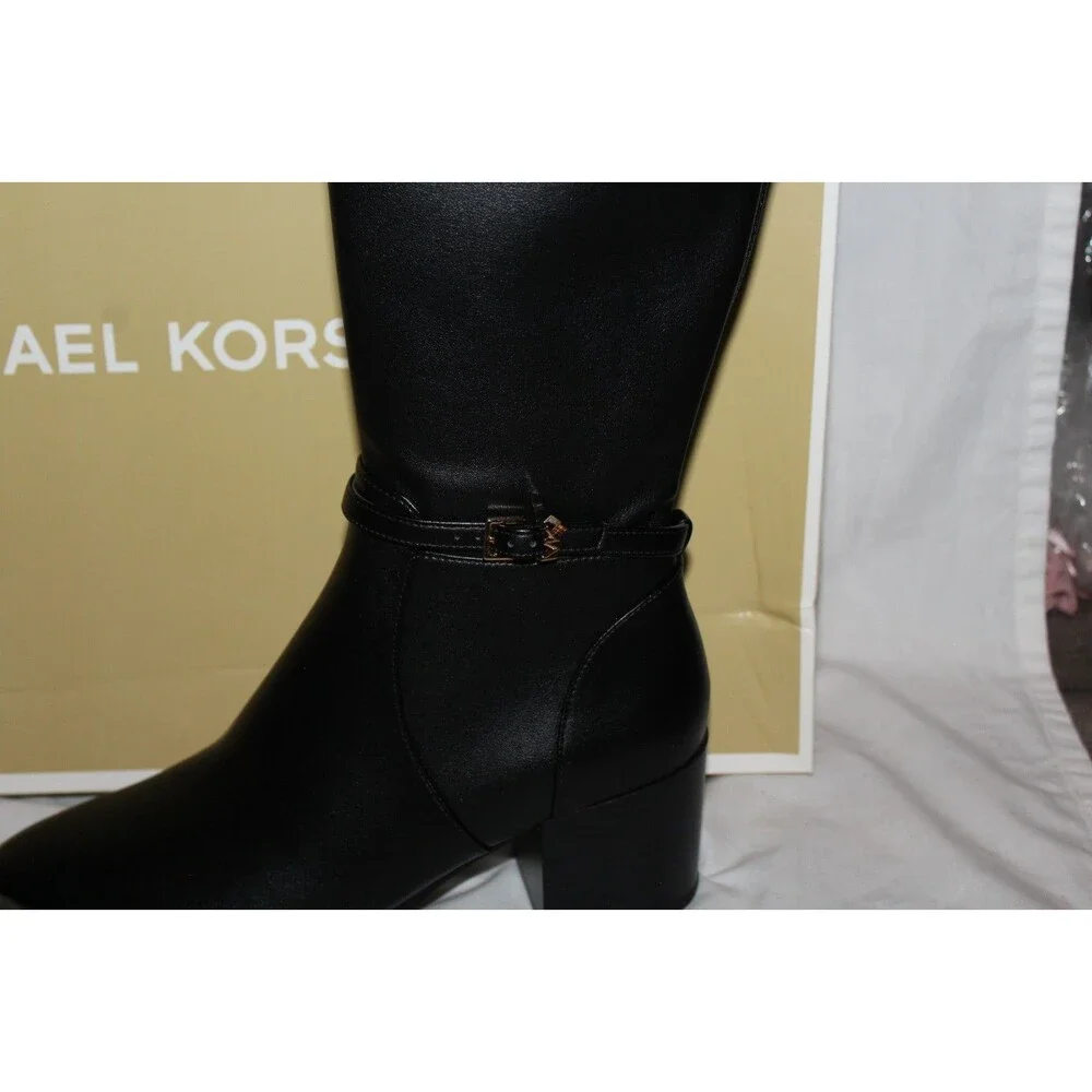 Michael Kors Women's Ella Block Heel Boot Black Faux Leather Tall Boots $345 10